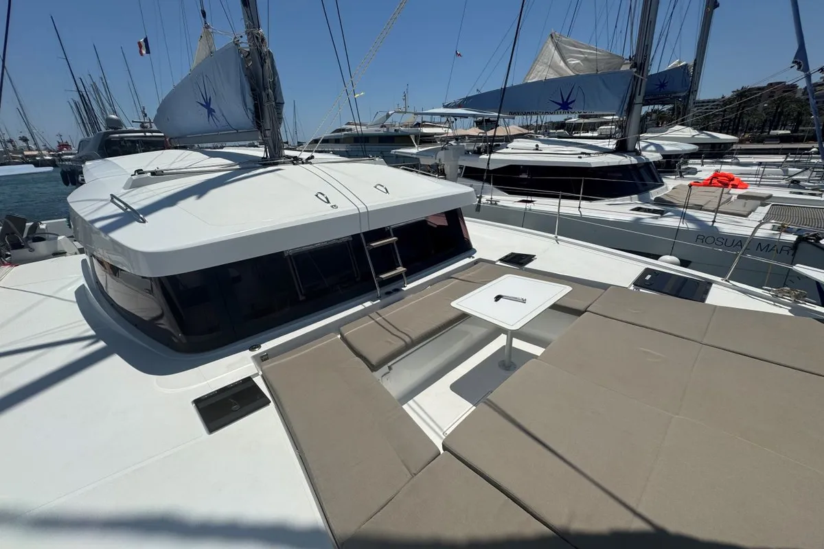 Deck of Voyager 1532/2025, a Bali Catsmart catamaran at Palma de Mallorca, Spain