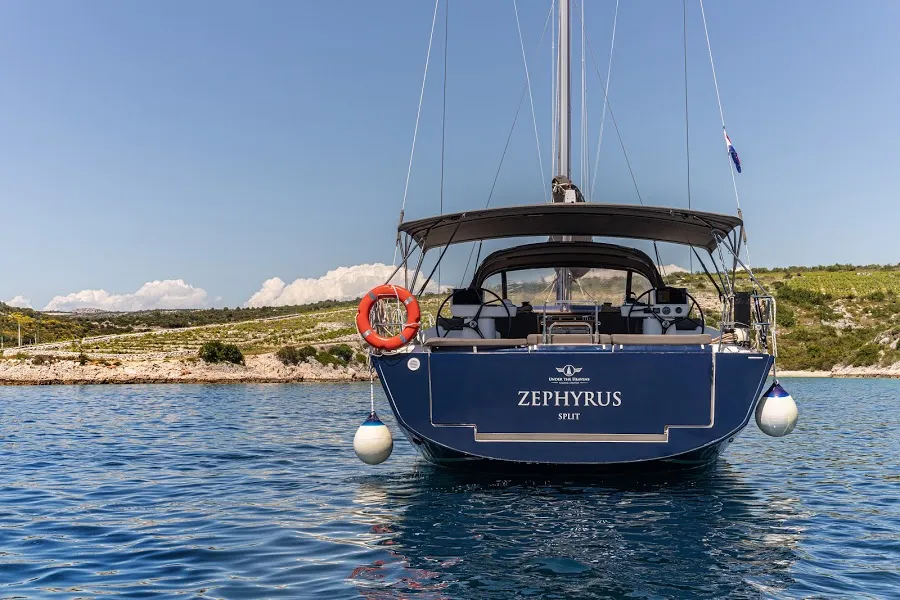 Exterior view of Zephyrus, a Dufour 520 GL - 3. cab sailboat at Primošten, Croatia