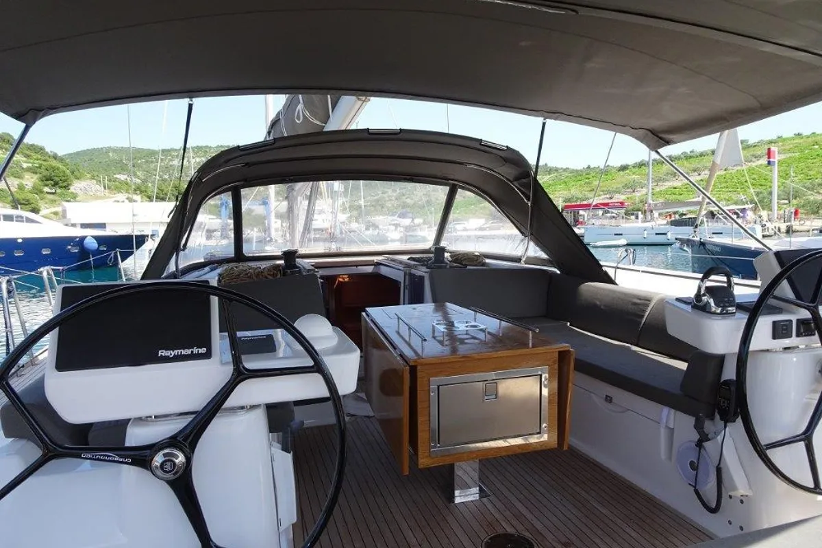 Cockpit of Zephyrus, a Dufour 520 GL - 3. cab sailboat at Primošten, Croatia