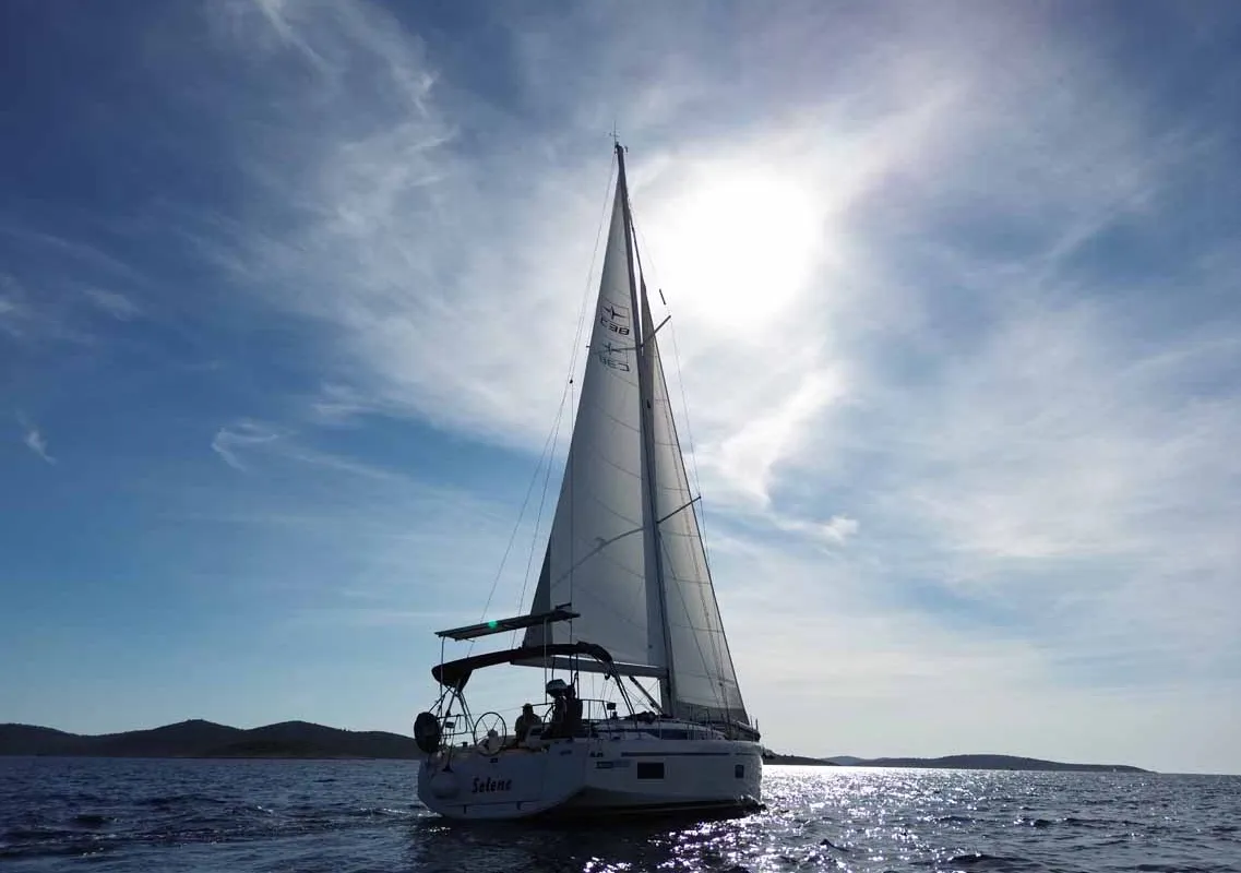 Exterior view of Selene, a Bavaria C38 sailboat at Murter, Croatia