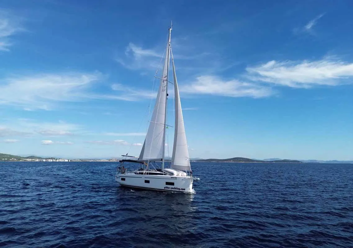 Exterior view of Selene, a Bavaria C38 sailboat at Murter, Croatia