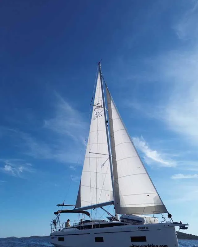 Exterior view of Selene, a Bavaria C38 sailboat at Murter, Croatia