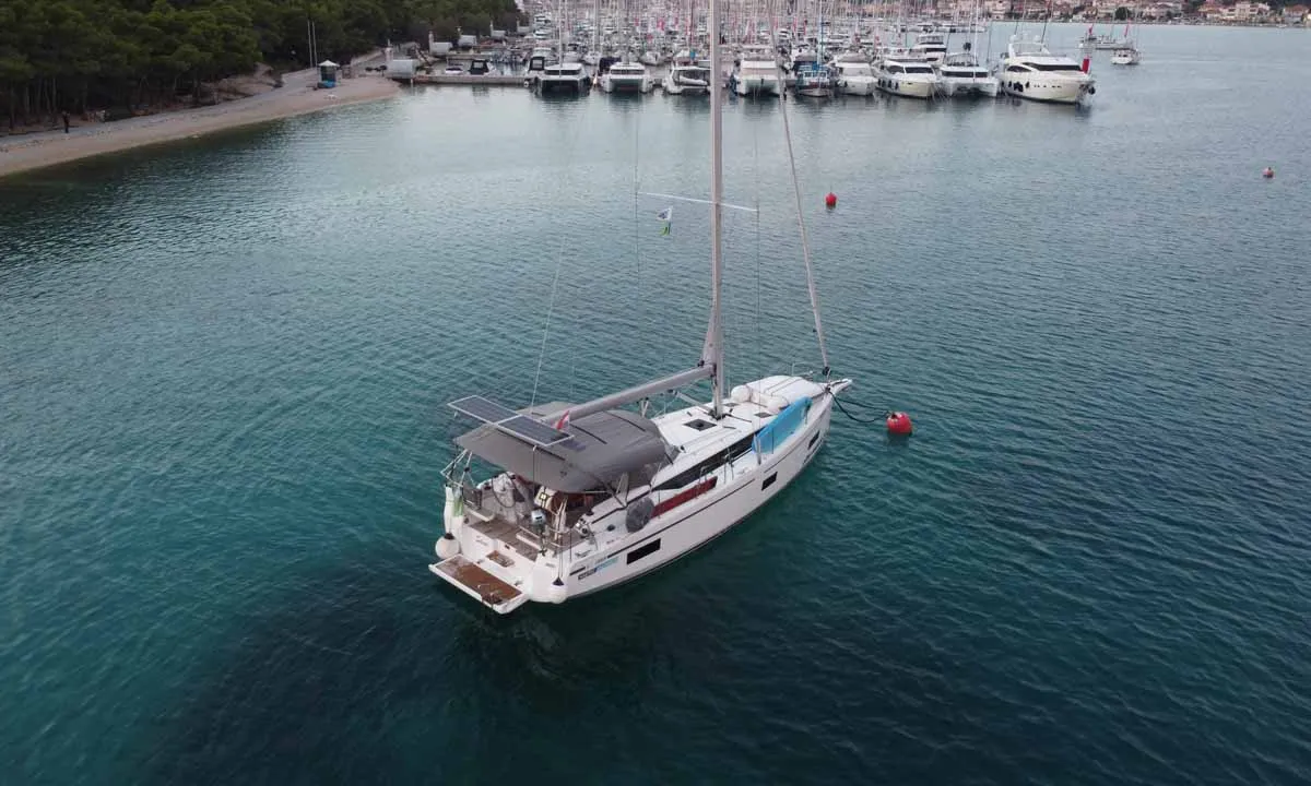 Exterior view of Selene, a Bavaria C38 sailboat at Murter, Croatia