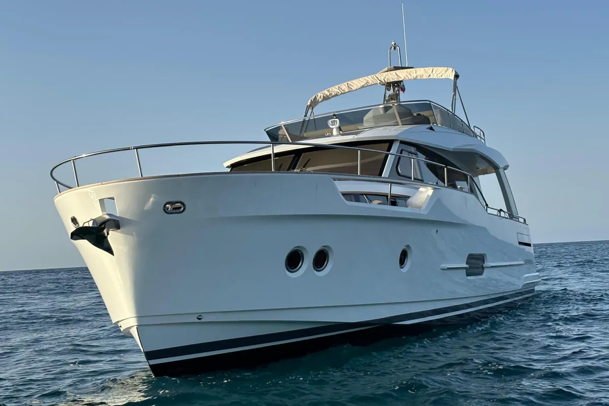 Exterior view of Rosa dei Venti, a Greenline 48 Fly motorboat at Rodi Garganico, Italy
