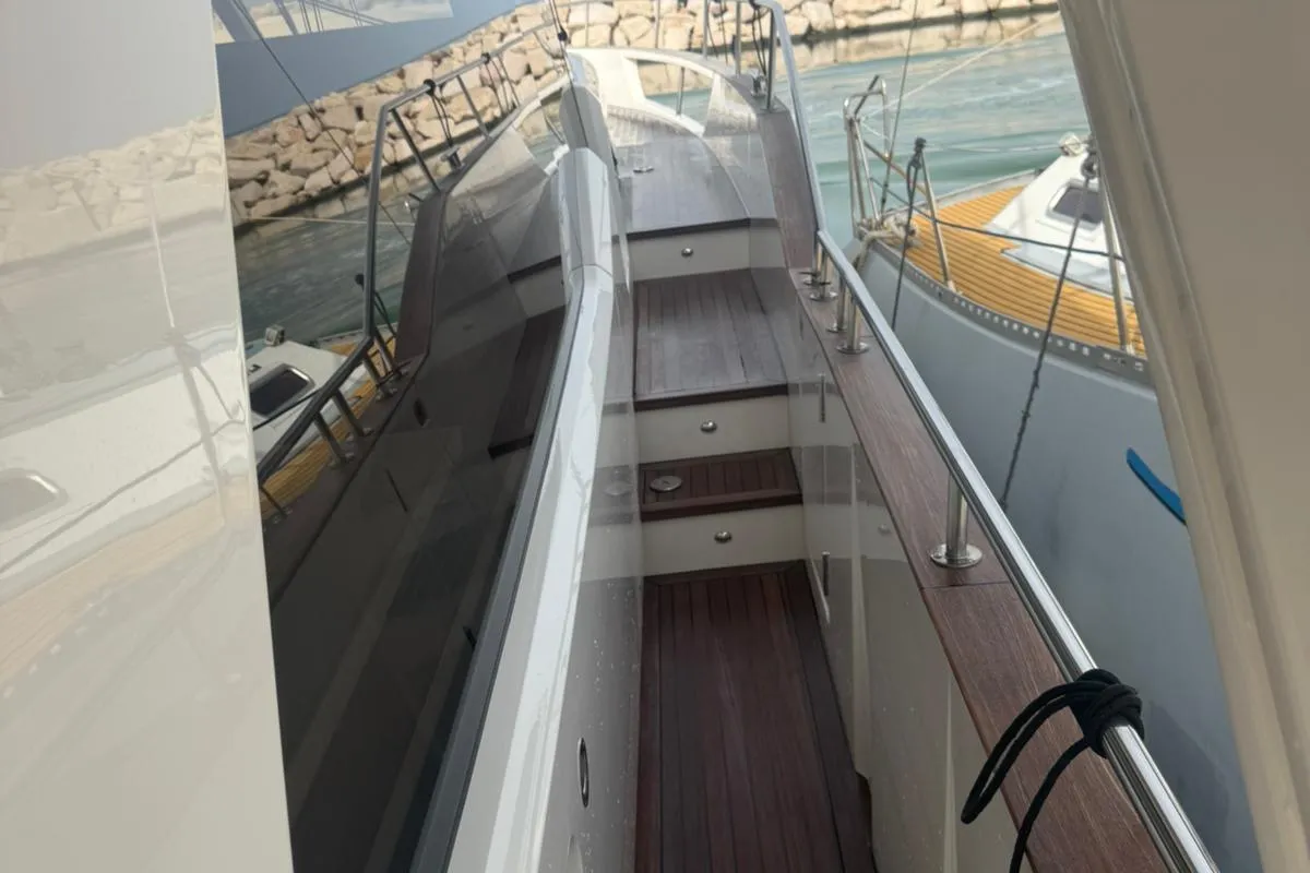 Deck of Rosa dei Venti, a Greenline 48 Fly motorboat at Rodi Garganico, Italy