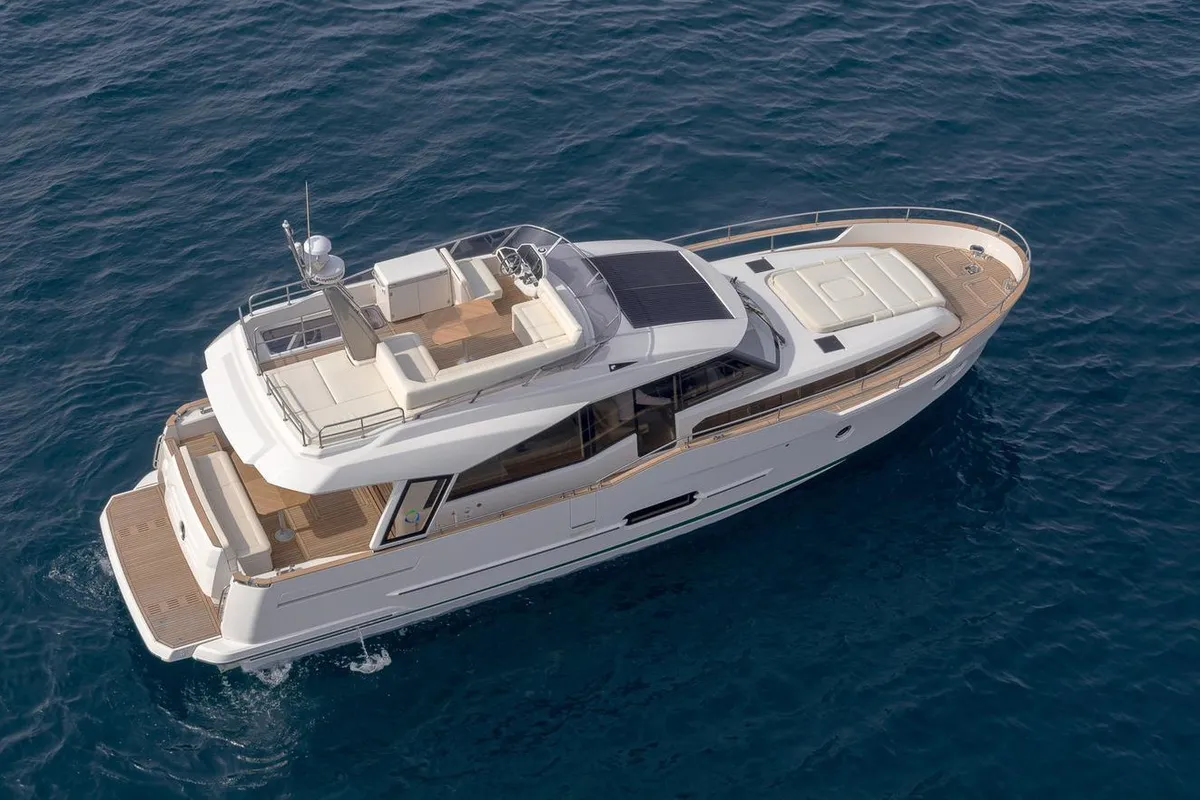 Exterior view of Rosa dei Venti, a Greenline 48 Fly motorboat at Rodi Garganico, Italy