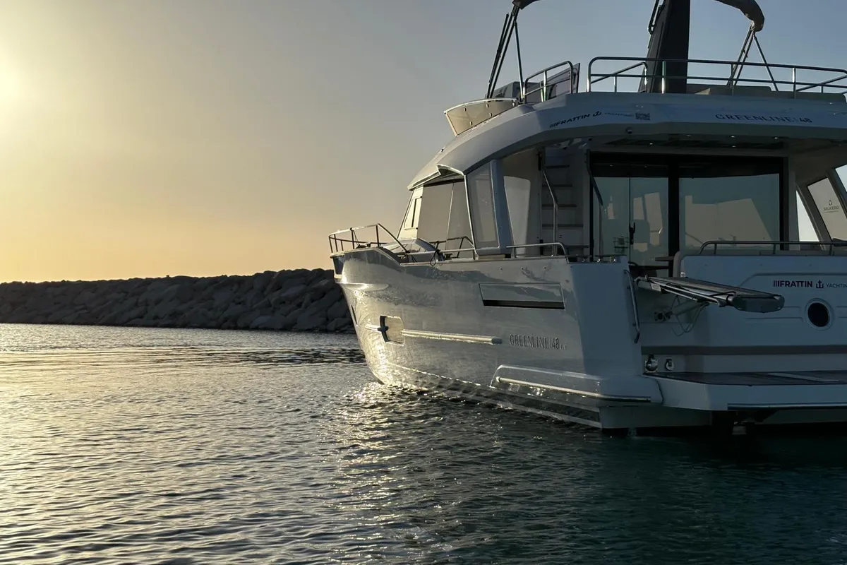 Exterior view of Rosa dei Venti, a Greenline 48 Fly motorboat at Rodi Garganico, Italy