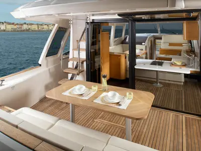 Deck of Rosa dei Venti, a Greenline 48 Fly motorboat at Rodi Garganico, Italy