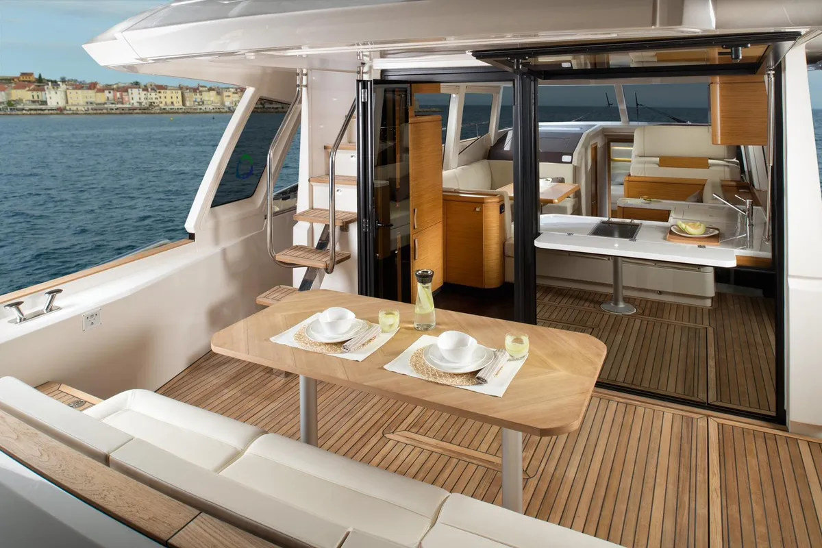 Deck of Rosa dei Venti, a Greenline 48 Fly motorboat at Rodi Garganico, Italy