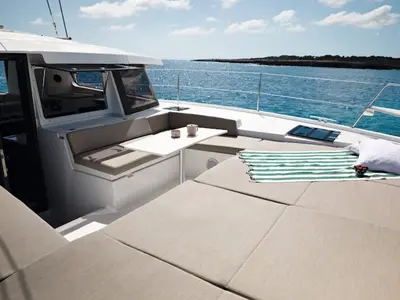 Deck of Knot So Fast, a Bali 4.2 catamaran at Volos, Greece