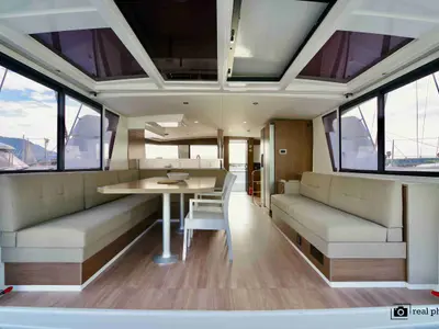 Salon of Monia, a Bali 4.6 catamaran at Castellammare di Stabia, Italy