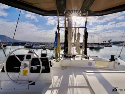 Cockpit of Monia, a Bali 4.6 catamaran at Castellammare di Stabia, Italy