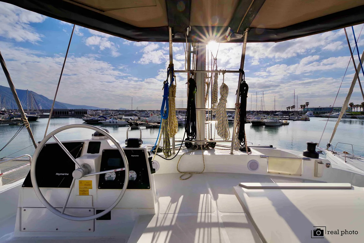 Cockpit of Monia, a Bali 4.6 catamaran at Castellammare di Stabia, Italy