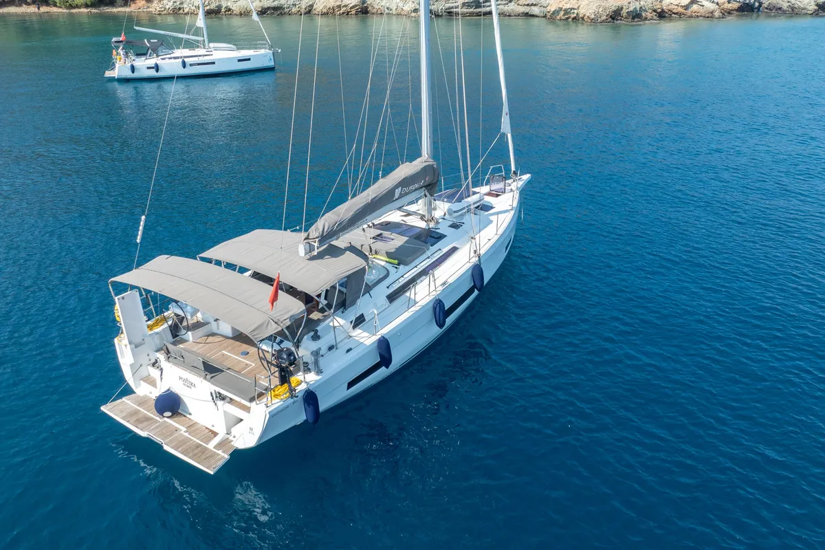 Exterior view of Pontika, a Dufour 470 sailboat at Fethiye, Turkey