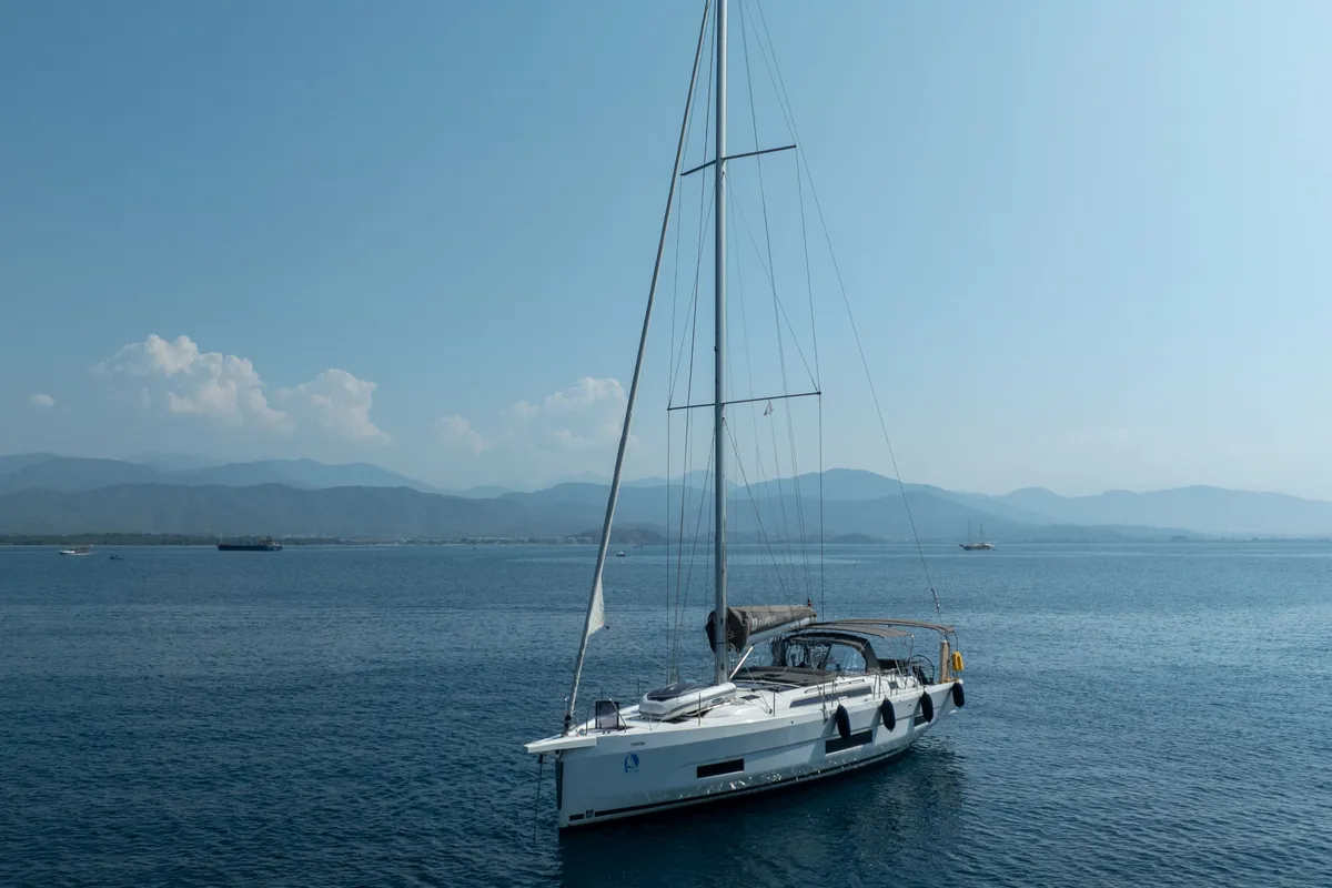 Exterior view of Pontika, a Dufour 470 sailboat at Fethiye, Turkey