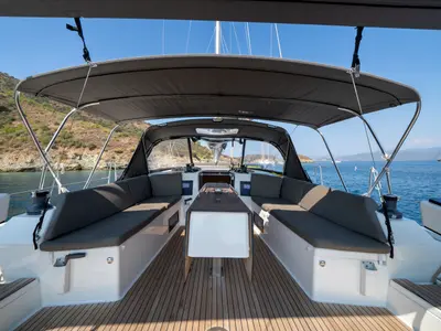 Deck of Pontika, a Dufour 470 sailboat at Fethiye, Turkey