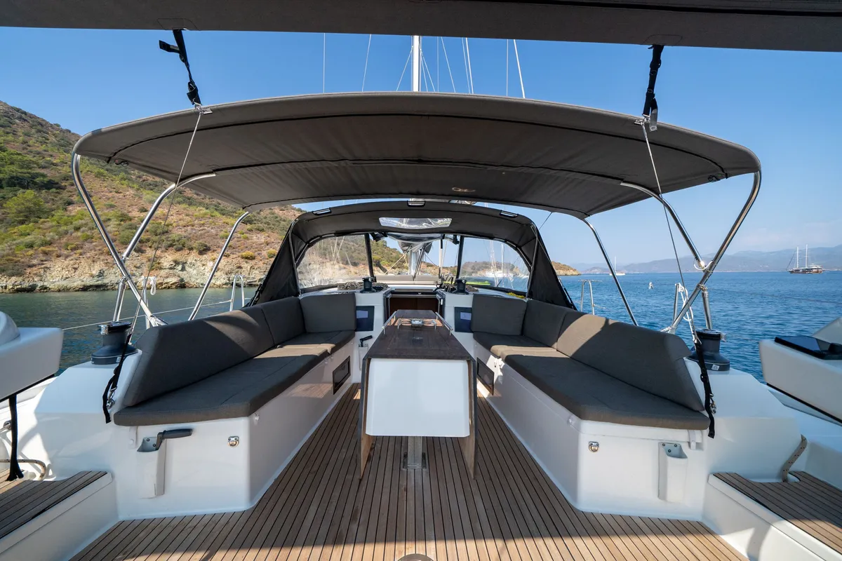 Deck of Pontika, a Dufour 470 sailboat at Fethiye, Turkey