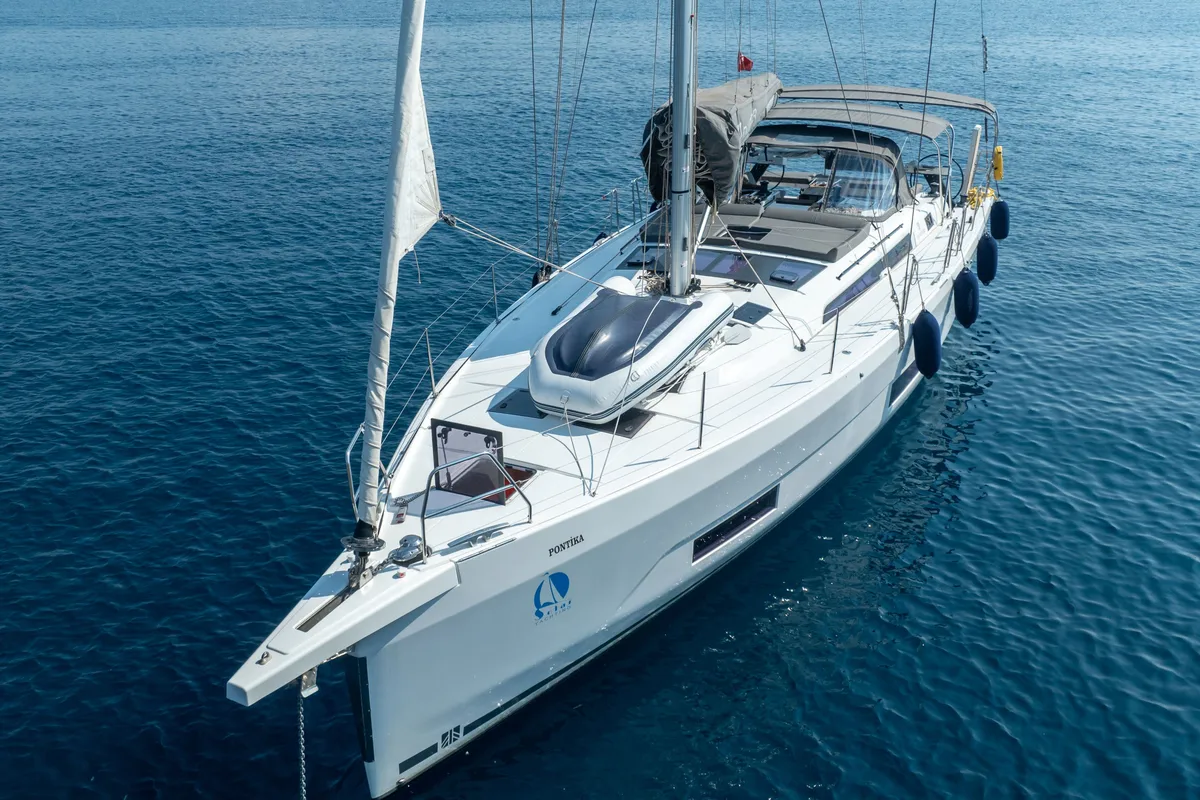 Exterior view of Pontika, a Dufour 470 sailboat at Fethiye, Turkey
