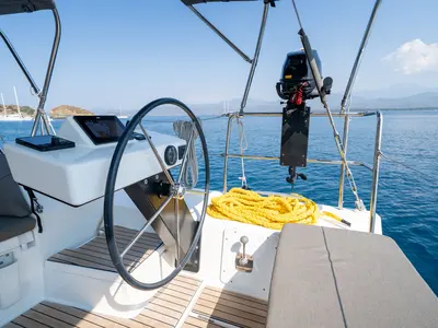 Cockpit of Pontika, a Dufour 470 sailboat at Fethiye, Turkey