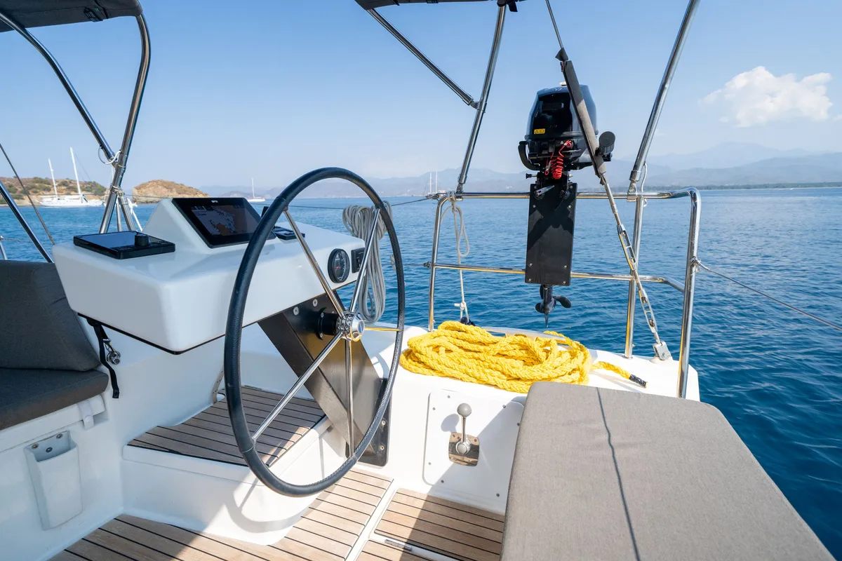 Cockpit of Pontika, a Dufour 470 sailboat at Fethiye, Turkey