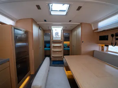 Salon of Pontika, a Dufour 470 sailboat at Fethiye, Turkey
