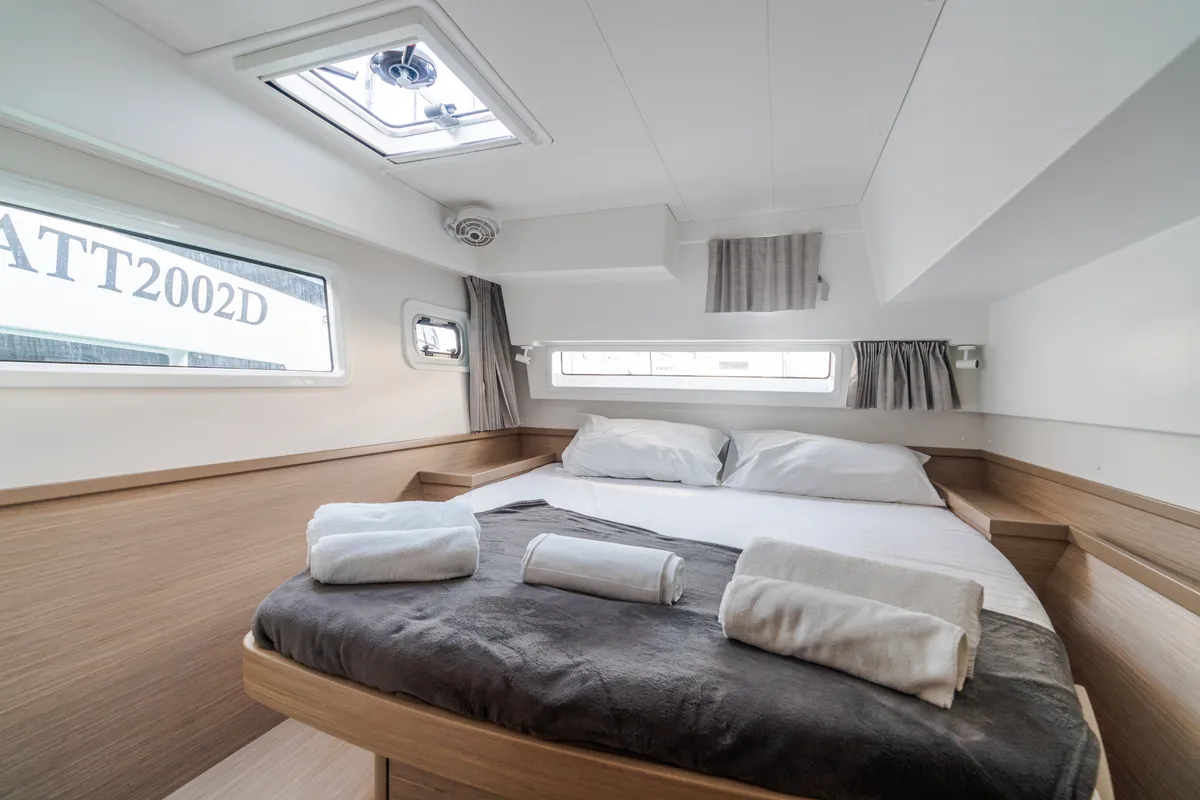 Cabin on Sirius - Comfort Line, a Lagoon 42 catamaran at Castellammare del Golfo, Italy