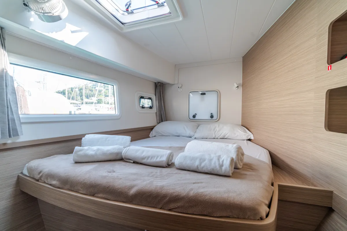 Cabin on Sirius - Comfort Line, a Lagoon 42 catamaran at Castellammare del Golfo, Italy
