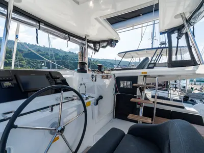 Cockpit of Sirius - Comfort Line, a Lagoon 42 catamaran at Castellammare del Golfo, Italy