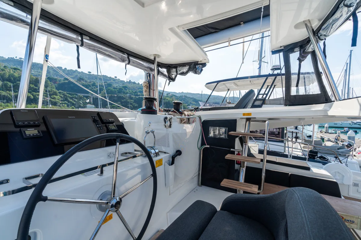 Cockpit of Sirius - Comfort Line, a Lagoon 42 catamaran at Castellammare del Golfo, Italy