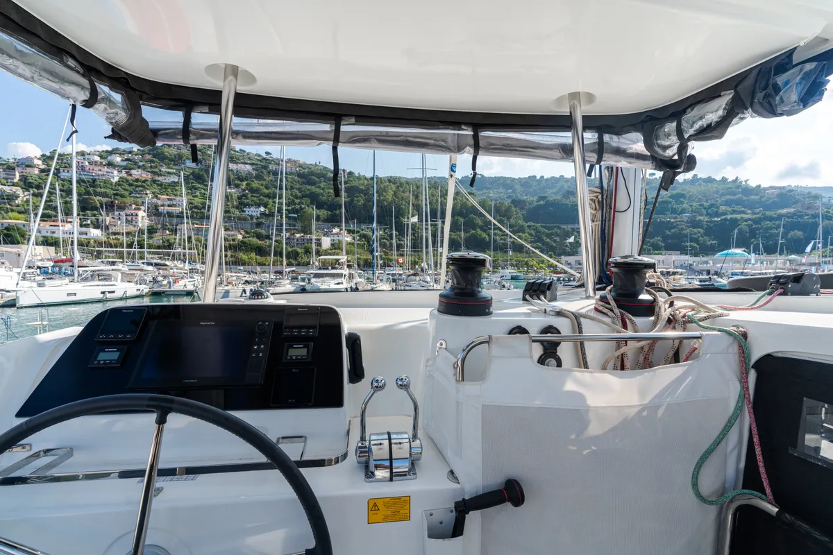 Cockpit of Sirius - Comfort Line, a Lagoon 42 catamaran at Castellammare del Golfo, Italy