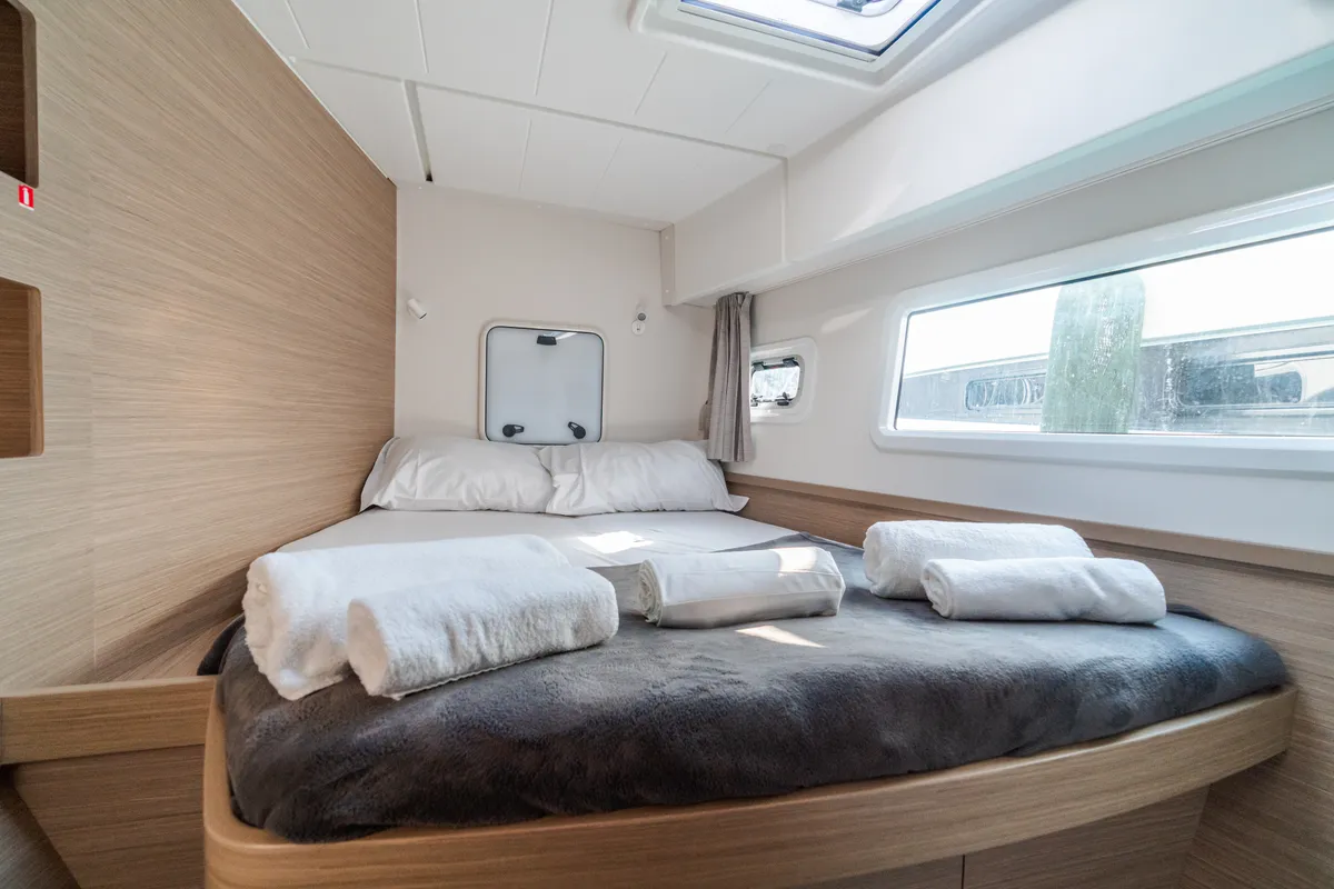 Cabin on Sirius - Comfort Line, a Lagoon 42 catamaran at Castellammare del Golfo, Italy