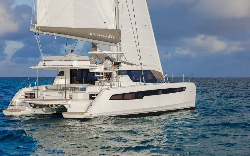 Exterior view of Never Give Up, a Leopard 50 catamaran at Ventimiglia, Italy