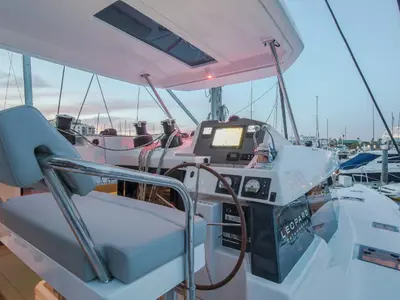 Cockpit of Never Give Up, a Leopard 50 catamaran at Ventimiglia, Italy