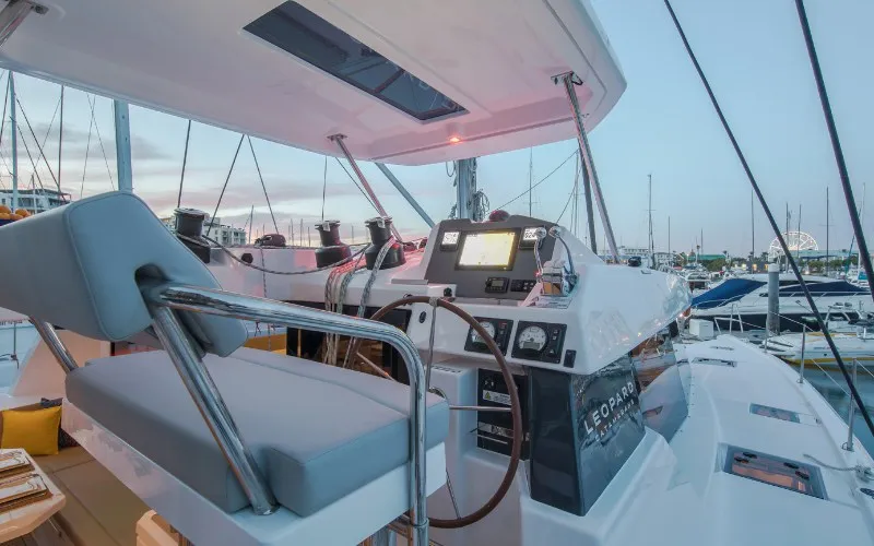Cockpit of Never Give Up, a Leopard 50 catamaran at Ventimiglia, Italy