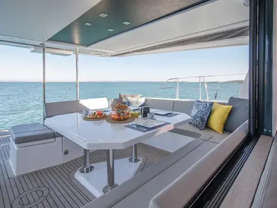 Deck of Never Give Up, a Leopard 50 catamaran at Ventimiglia, Italy