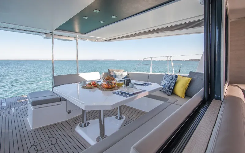 Deck of Never Give Up, a Leopard 50 catamaran at Ventimiglia, Italy