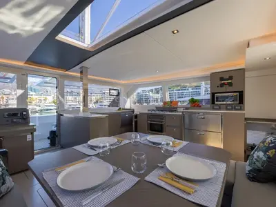 Salon of Never Give Up, a Leopard 50 catamaran at Ventimiglia, Italy