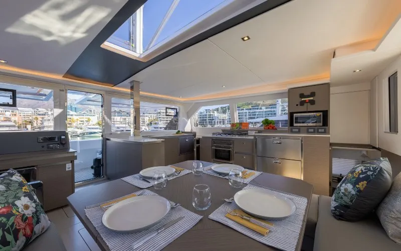 Salon of Never Give Up, a Leopard 50 catamaran at Ventimiglia, Italy