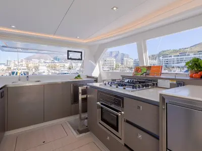 Galley of Never Give Up, a Leopard 50 catamaran at Ventimiglia, Italy