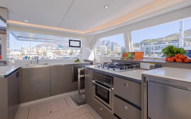 Galley of Never Give Up, a Leopard 50 catamaran at Ventimiglia, Italy