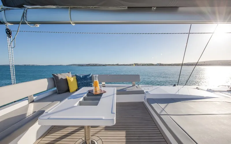 Deck of Never Give Up, a Leopard 50 catamaran at Ventimiglia, Italy