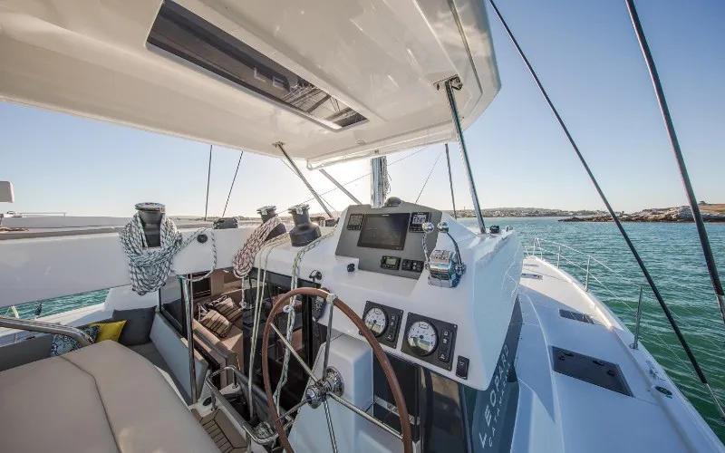 Cockpit of Never Give Up, a Leopard 50 catamaran at Ventimiglia, Italy