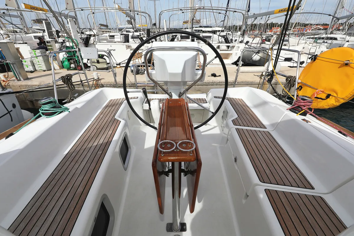 Cockpit of Cosma, a Jeanneau Sun Odyssey 33i sailboat at Grad Biograd na Moru, Croatia