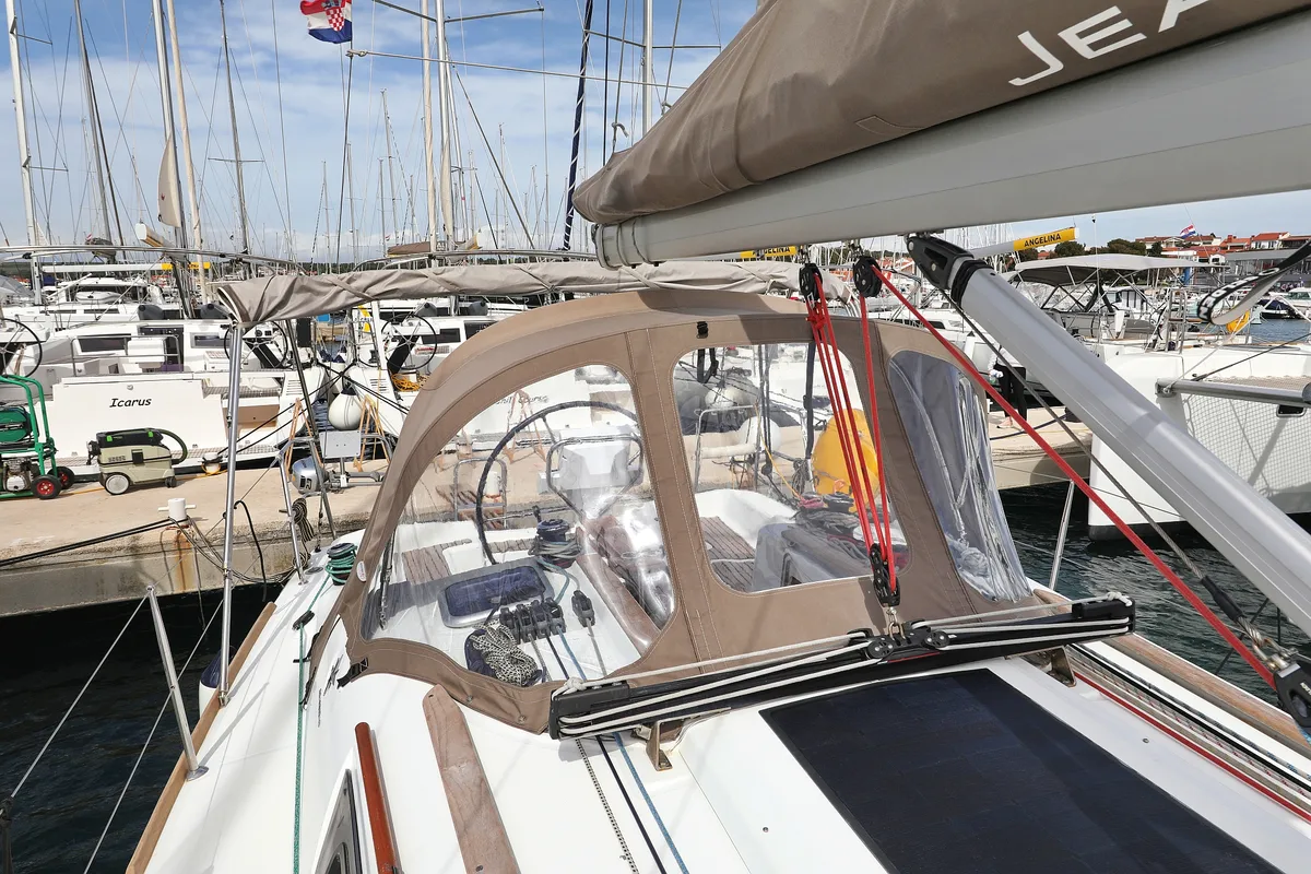 Cockpit of Cosma, a Jeanneau Sun Odyssey 33i sailboat at Grad Biograd na Moru, Croatia