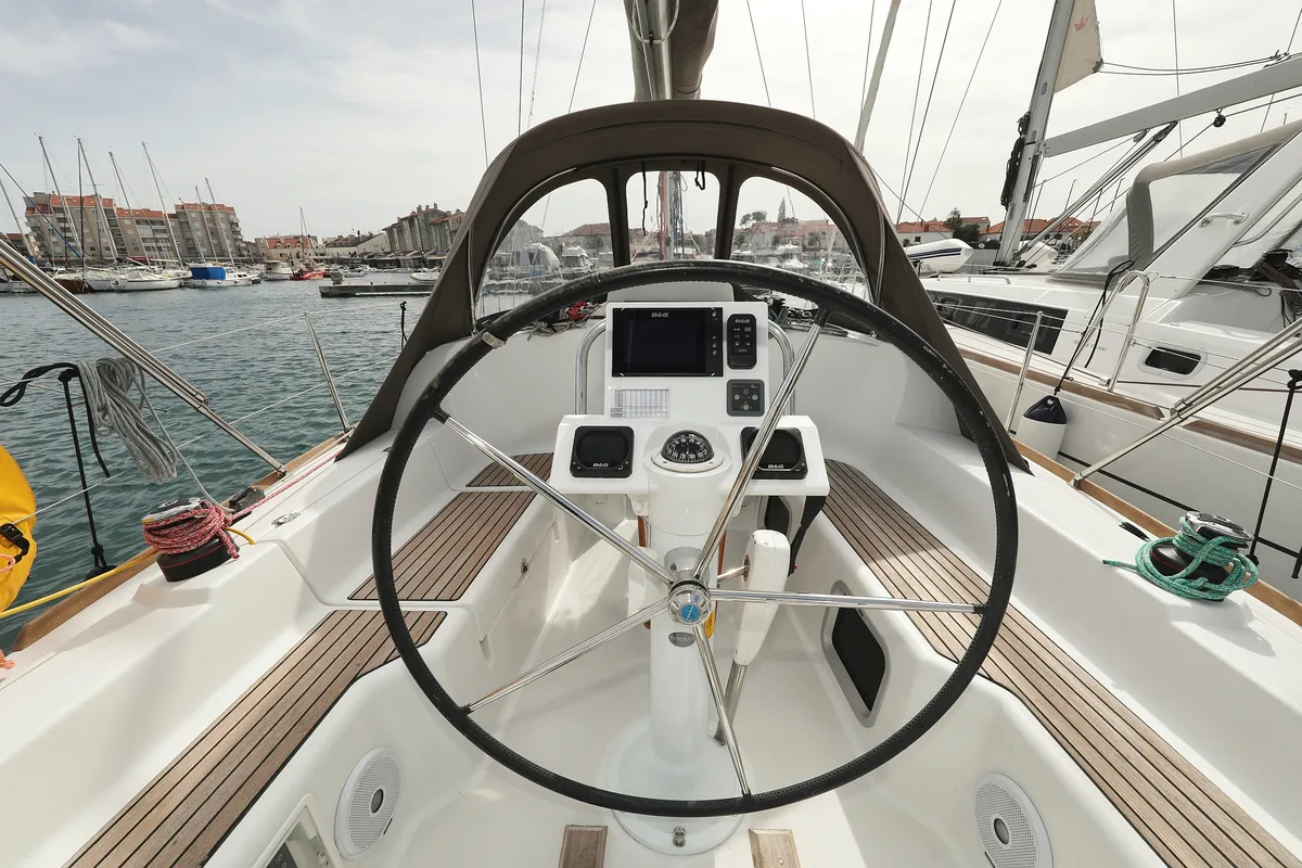 Cockpit of Cosma, a Jeanneau Sun Odyssey 33i sailboat at Grad Biograd na Moru, Croatia