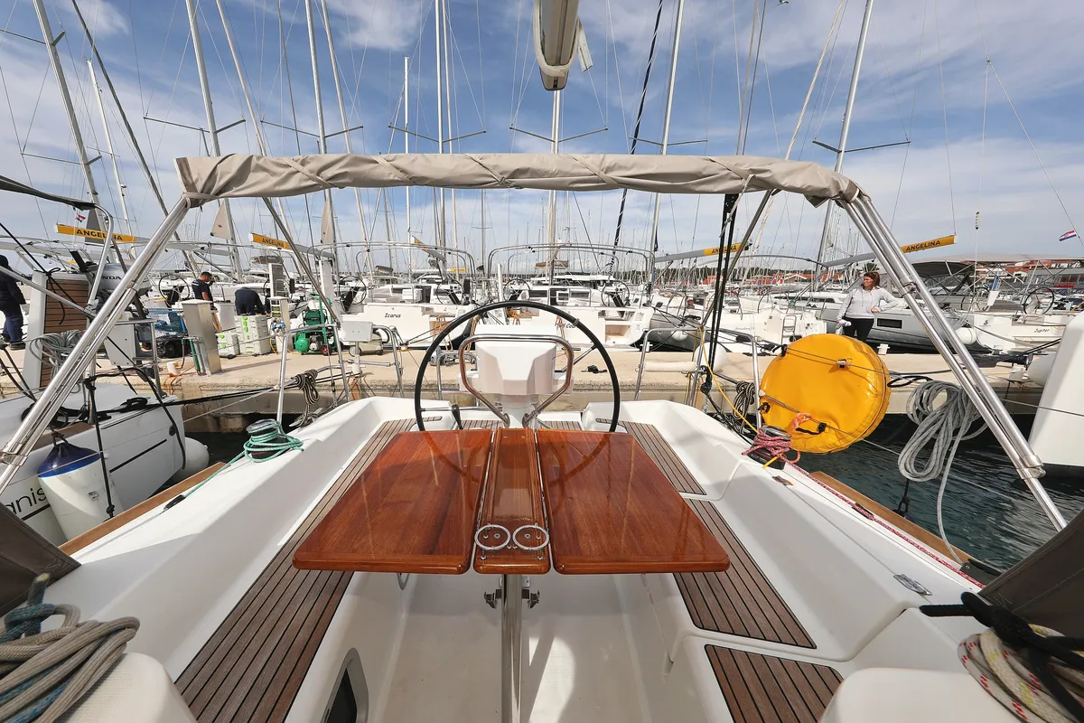 Cockpit of Cosma, a Jeanneau Sun Odyssey 33i sailboat at Grad Biograd na Moru, Croatia