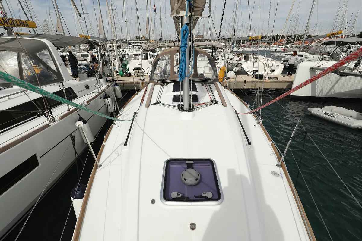 Deck of Cosma, a Jeanneau Sun Odyssey 33i sailboat at Grad Biograd na Moru, Croatia