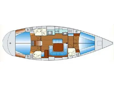 Floor plan of SY Zoe, a Bavaria 47 sailboat at Kontokali, Greece