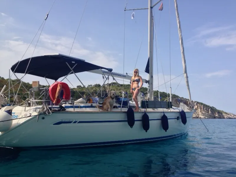 Exterior view of SY Zoe, a Bavaria 47 sailboat at Kontokali, Greece