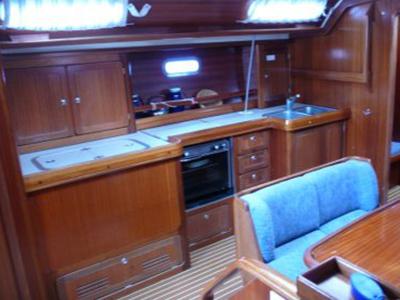 Galley of SY Zoe, a Bavaria 47 sailboat at Kontokali, Greece